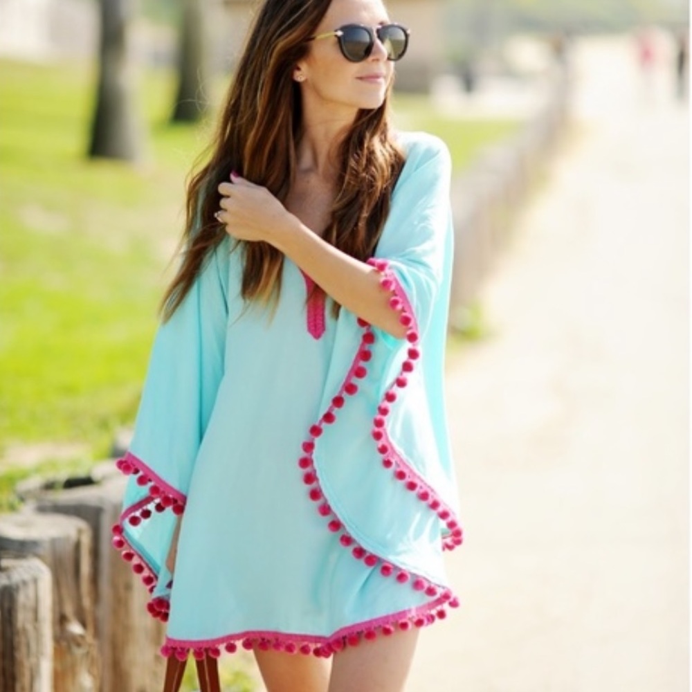 Gorgeous Mint Beach Cover Up W/ Hot Pink Pom Poms
